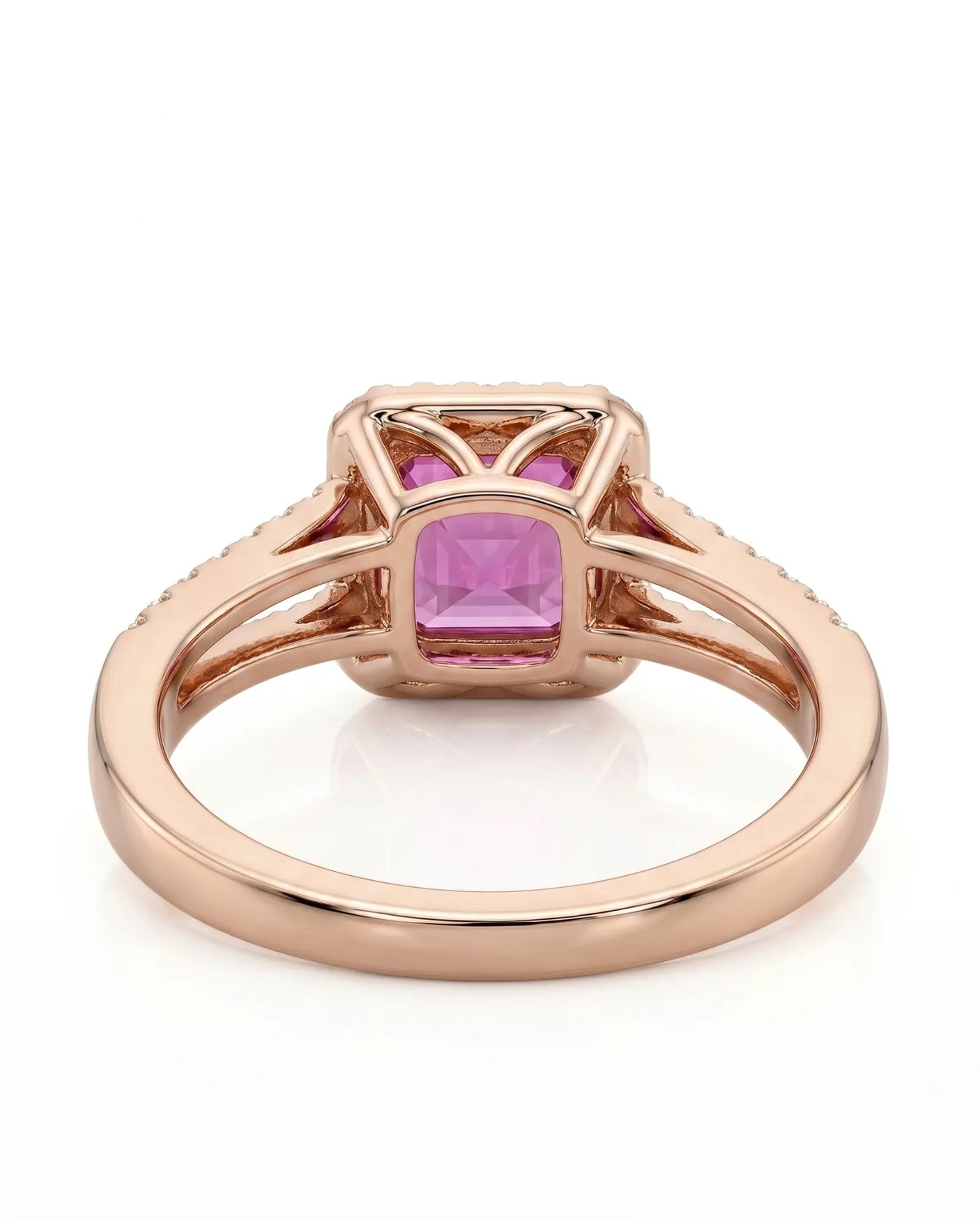 Modern purple sapphire ring with round diamond halo in romantic rose gold - SARATTI