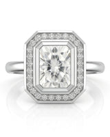 Modern radiant moissanite engagement ring with halo accents in polished 18K white gold | SARATTI