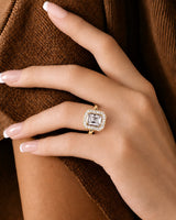 Modern radiant moissanite engagement ring with halo accents in polished 18K yellow gold - SARATTI