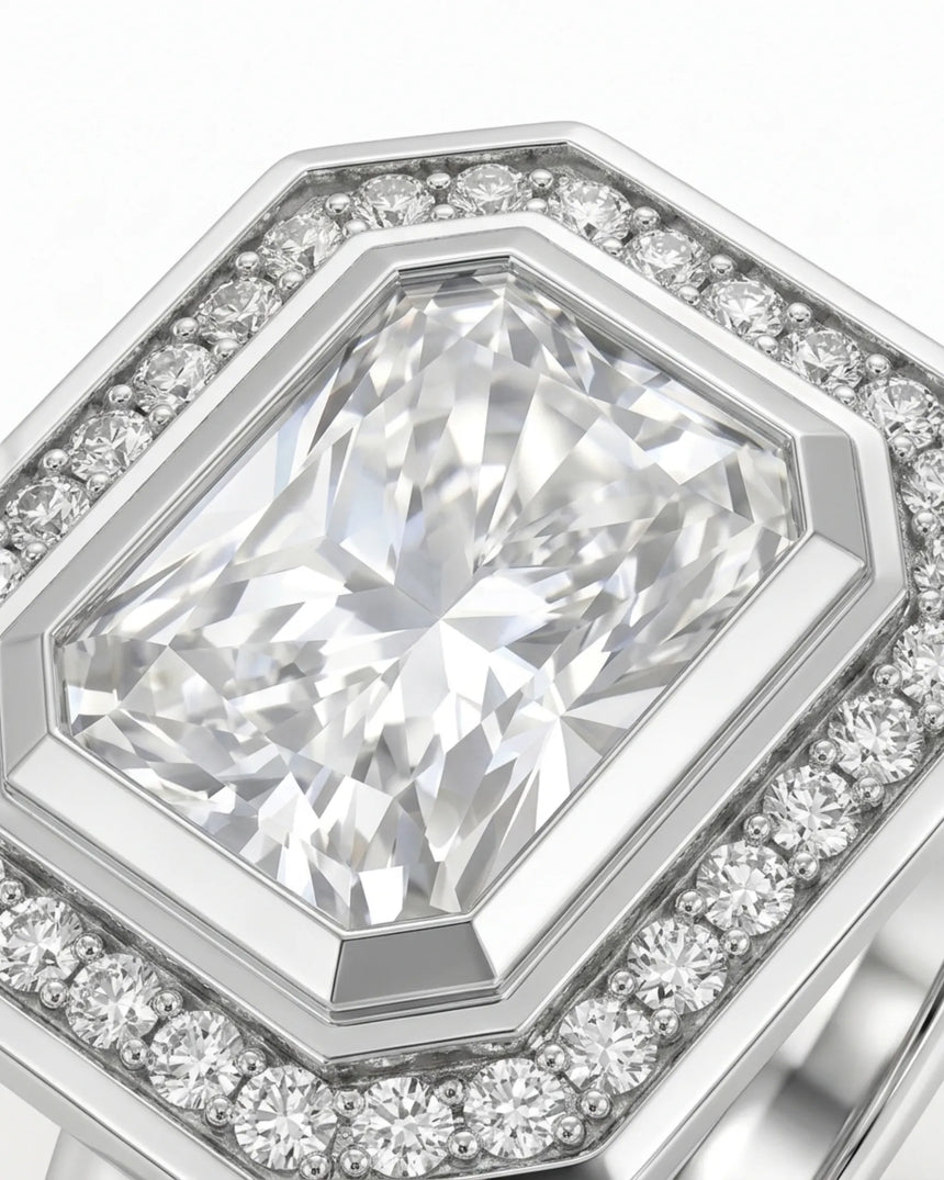 Modern radiant moissanite engagement ring with halo accents in polished platinum | SARATTI