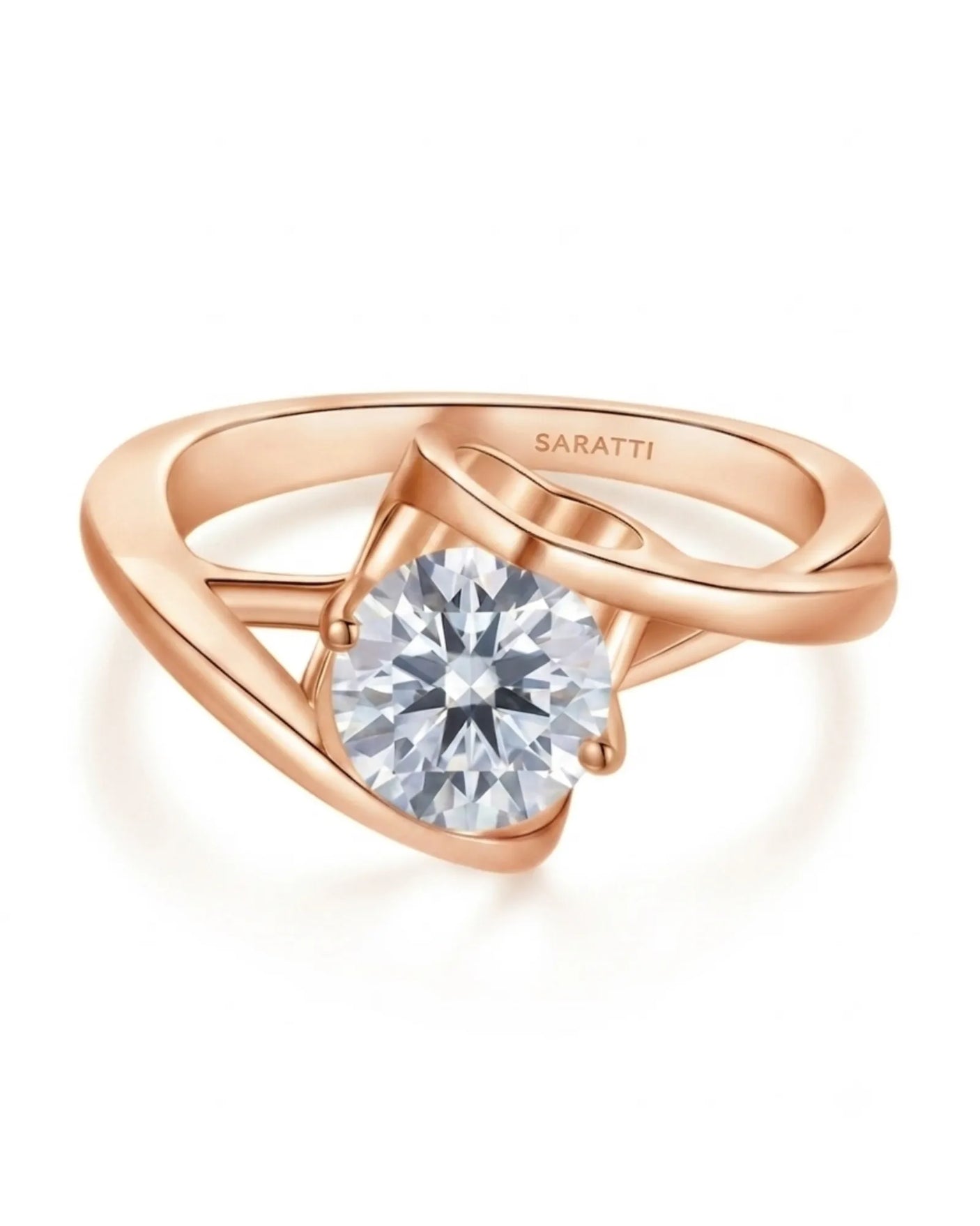 Modern round moissanite engagement ring with symbolic infinity design in 18K rose gold | SARATTI