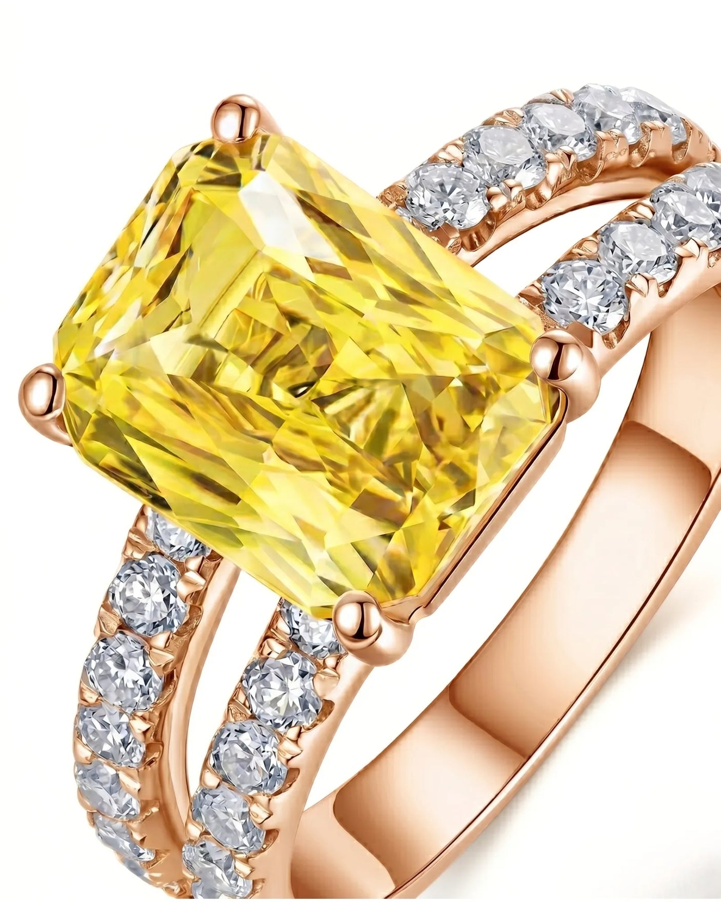 Modern split shank sapphire ring with round diamonds in romantic 18K rose gold | SARATTI