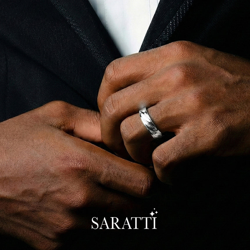 Modern swirl men’s wedding band 18k white gold textured band | SARATTI