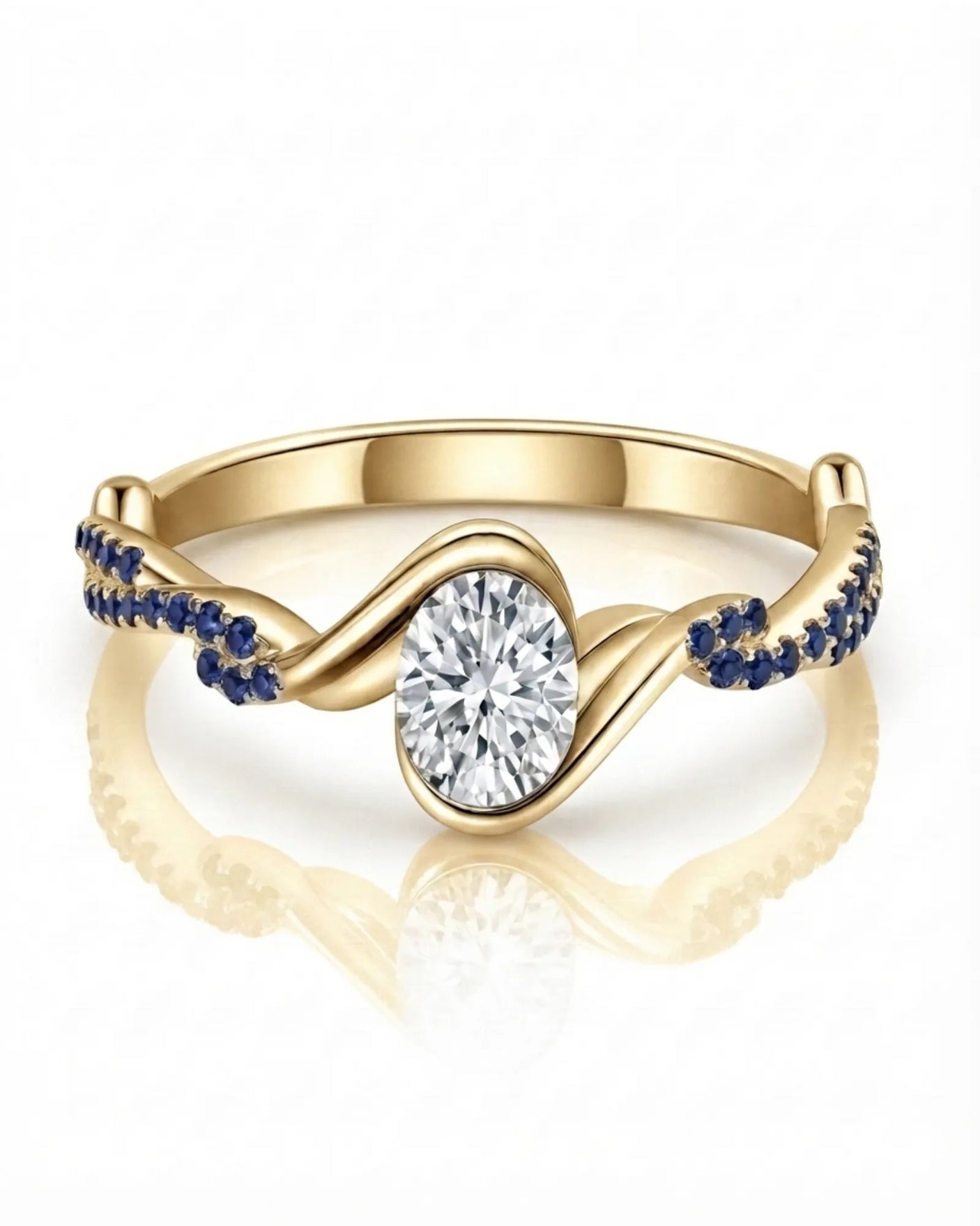 Modern yellow gold moissanite engagement ring with blue sapphire pavé for a meaningful proposal | SARATTI