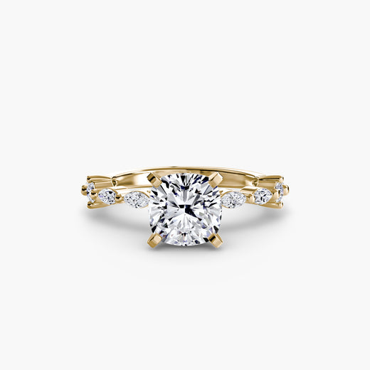 AUREX – Cushion Cut Pavé Cathedral Ring Setting – Yellow metal view | SARATTI