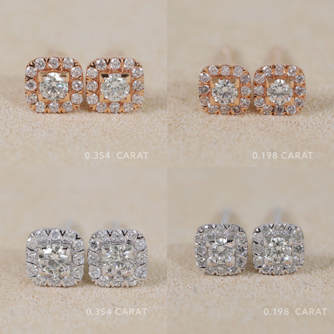 18K Gold Bezel Set Tiny Diamond Stud Earrings Side by Side  | Saratti | Custom High and Fine Jewelry