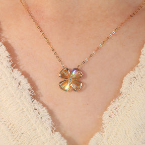 Model Wearing 18K Yellow Gold Four Leaf Good Luck Diamond Drop Necklace | Saratti