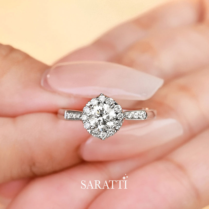 Round Diamond Halo Ring in White Gold | Saratti