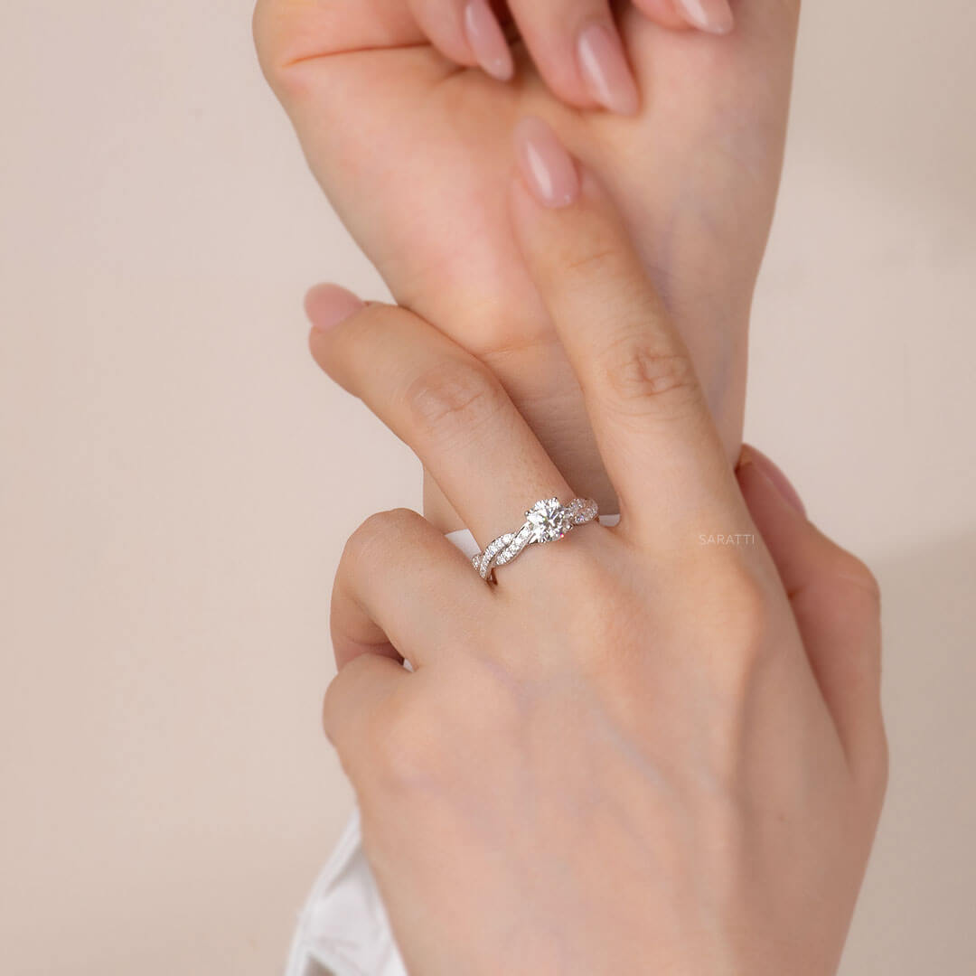 Model Wears Prong Set Diamond Twisted Shank 18K White Gold Engagement Ring | Saratti 