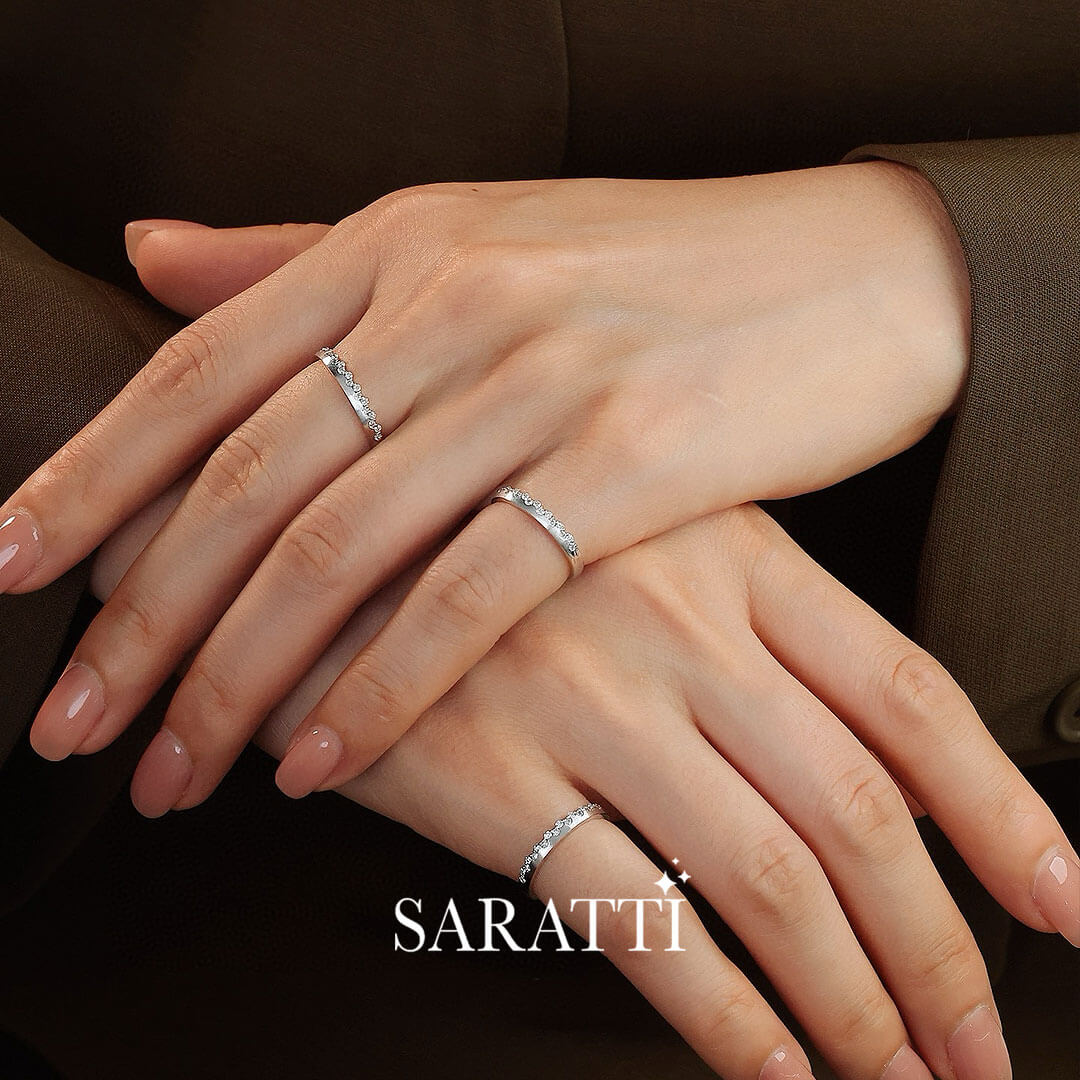 Model Wears Three Princess Tiara Diamond Eternity Wedding Bands in White Gold | Saratti 