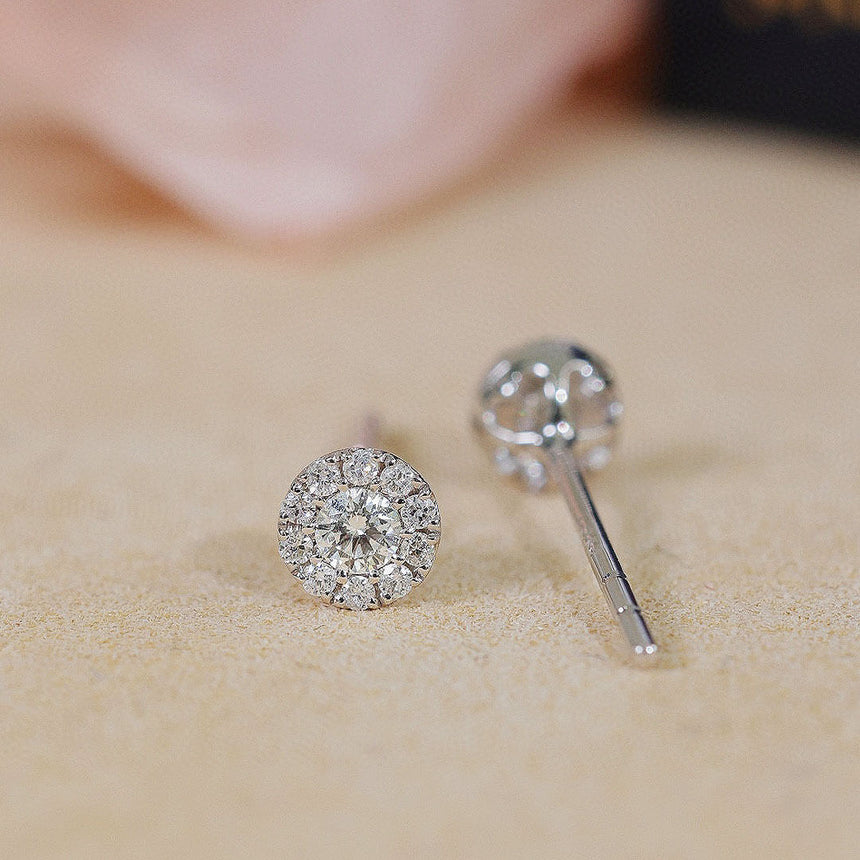 Petite Halo Diamond Earrings Side by Side | Saratti | Custom High and Fine Jewelry 