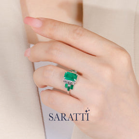 Hand Shot of the Model Wearing the Héritage Picasso Emerald & Diamond Ring | Saratti
