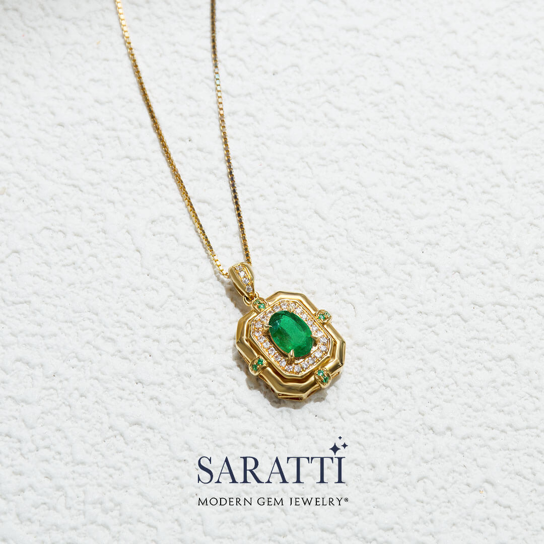 18K Yellow Gold Midori Natural Emerald and Diamonds Necklace in 18K Yellow Gold | Saratti Jewelry 