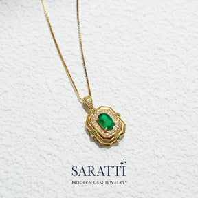 18K Yellow Gold Midori Natural Emerald and Diamonds Necklace in 18K Yellow Gold | Saratti Jewelry 