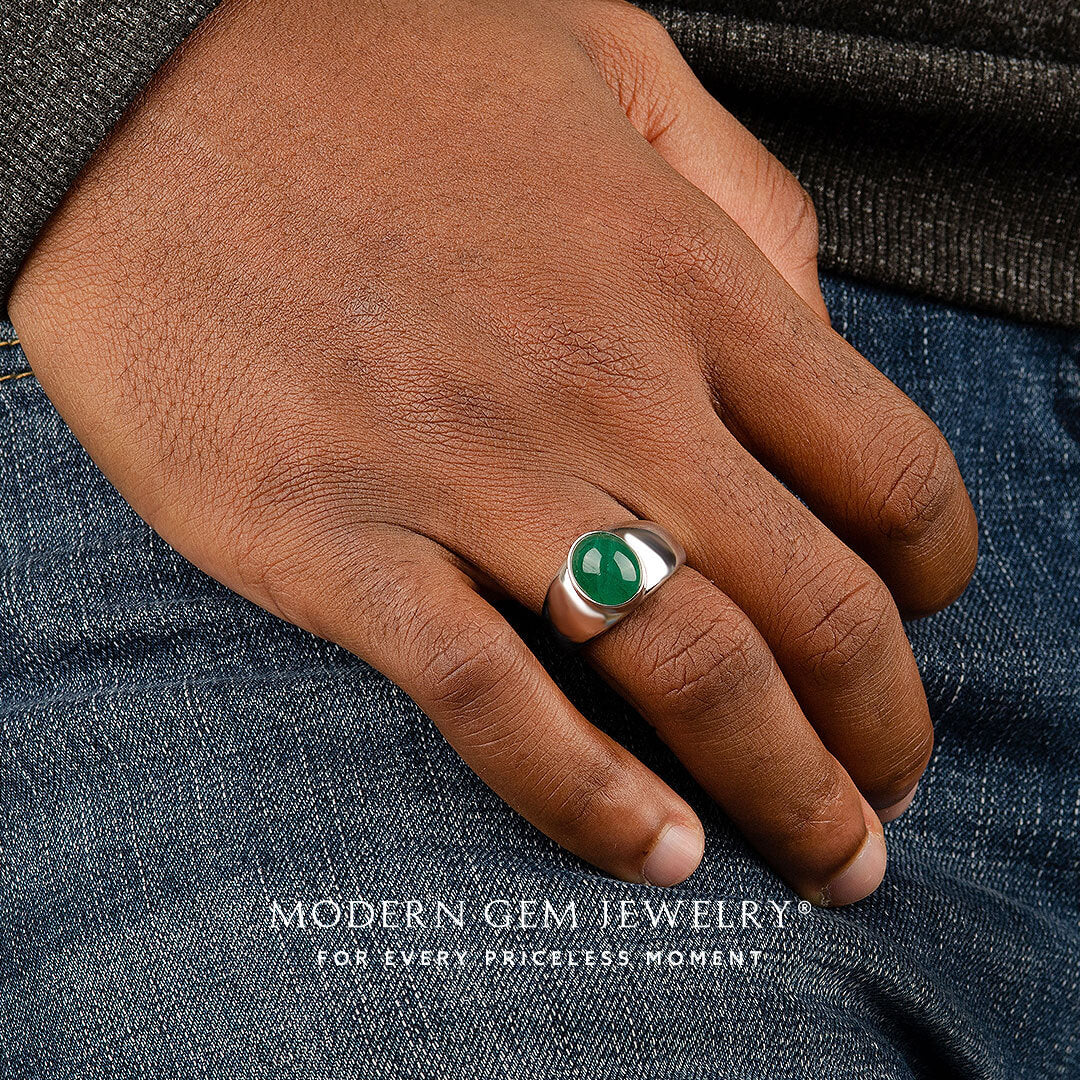 Mens emerald ring oval cabochon gemstone ring in platinum | SARATTI