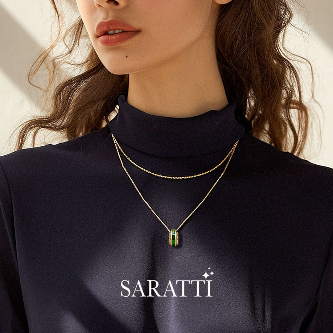 Model Sports the Roulette Verte Emerald Pendant Necklace | Saratti Fine Jewelry 