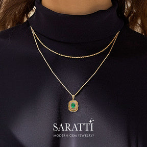 Vintage Inspired Natural Emerald and Diamonds Midori Fortress Necklace in 18K Yellow Gold | Saratti 