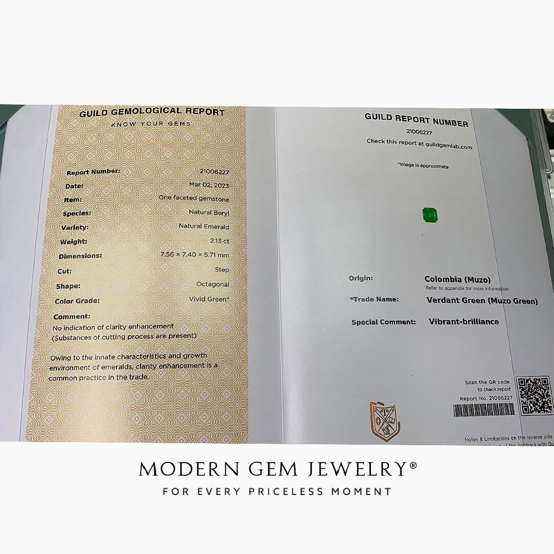 GUILD Certificate For 2.13 carats Emerald Gemstone | Modern Gem Jewelry | Saratti