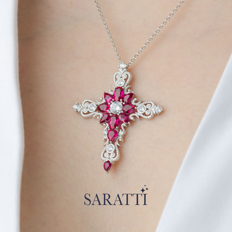 Cross Pendant with Natural Ruby Gemstones in 18K White Gold | Saratti Jewelry