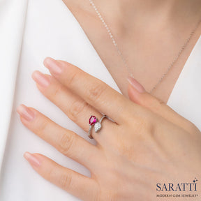 Pigeon Blood Red Pear Ruby Diamond Ring | Saratti