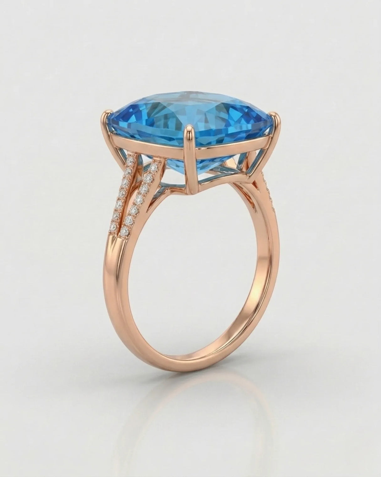 Natural 11.85 carat Swiss Blue topaz ring with ten round diamonds in 18K rose gold | SARATTI