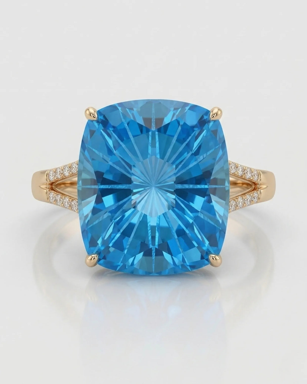 Natural 11.85 carat Swiss Blue topaz ring with ten round diamonds in 18K yellow gold | SARATTI