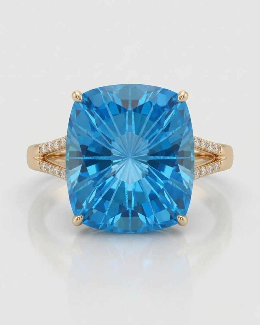 Natural 11.85 carat Swiss Blue topaz ring with ten round diamonds in 18K yellow gold | SARATTI