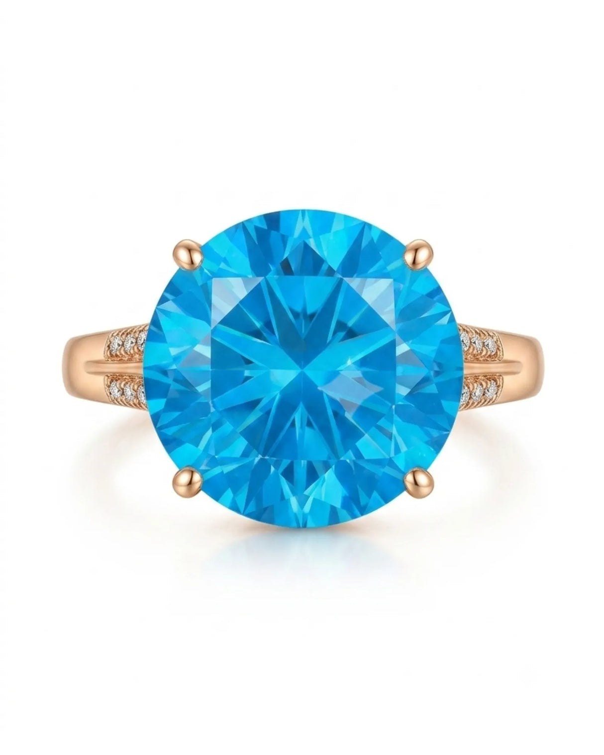 Natural 9.5-carat Swiss Blue topaz ring with round center and diamond accents in 18K rose gold | SARATTI