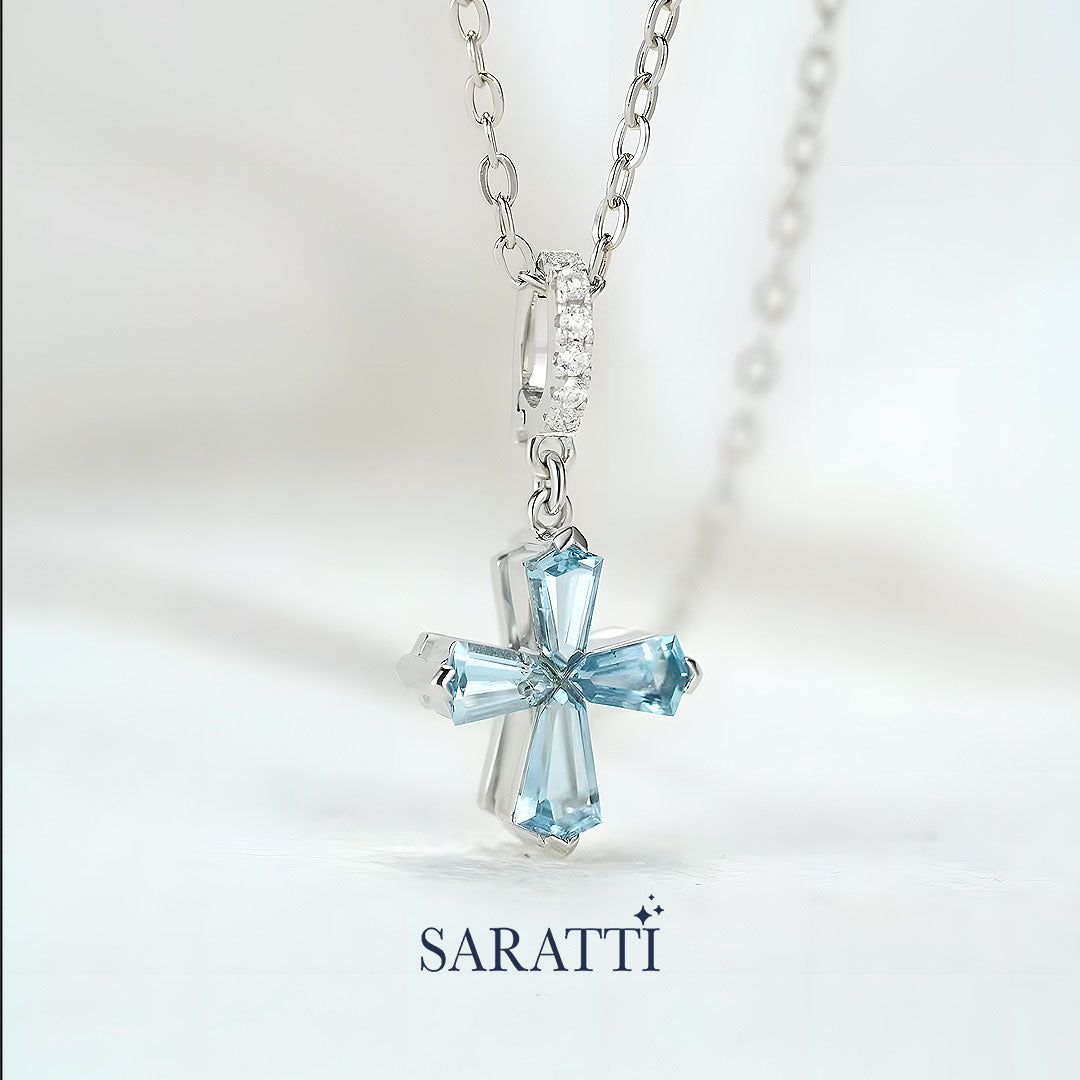 Natural Aquamarine Cross Pendant in Platinum setting - SARATTI