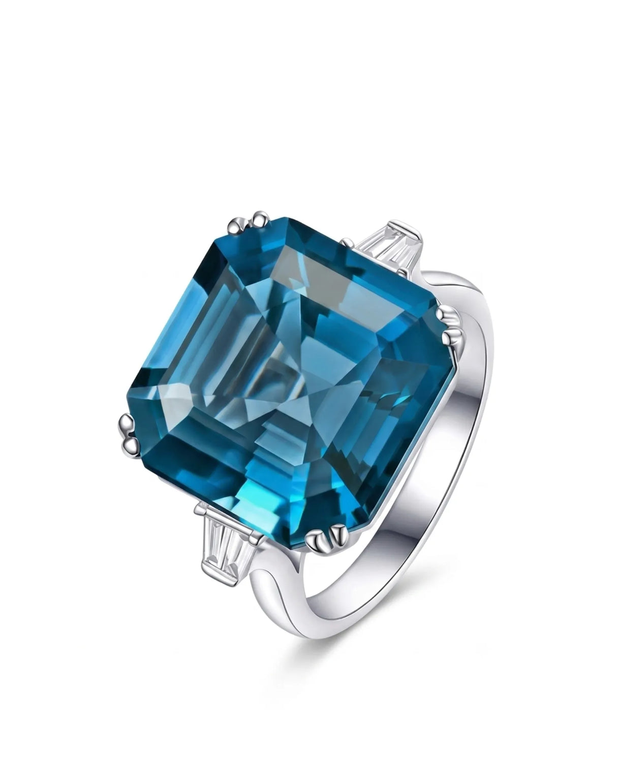Natural Asscher cut London Blue topaz engagement ring with tapered baguette diamonds in platinum | SARATTI