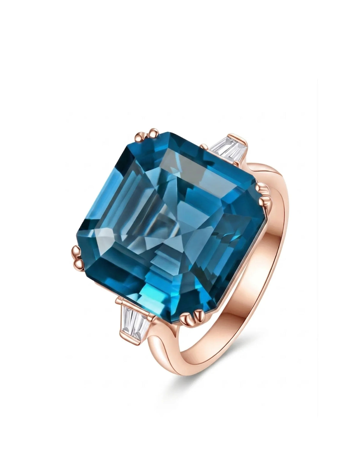 Natural Asscher cut London Blue topaz ring with tapered baguette diamonds in 18K rose gold | SARATTI