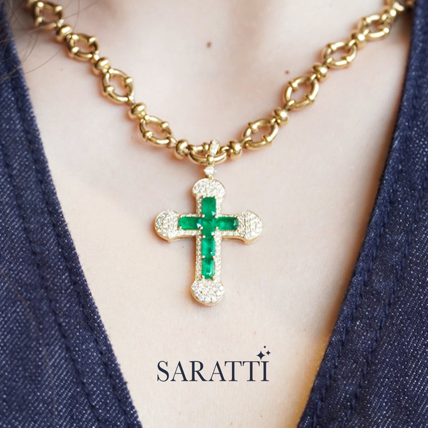Natural Emerald Cross Necklace - SARATTI Jewelry