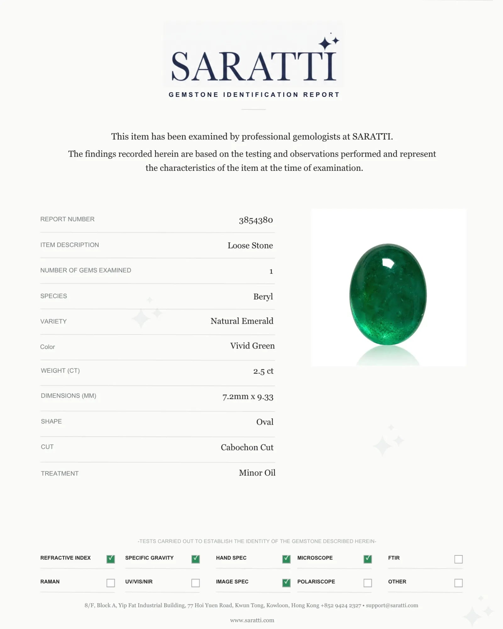 Natural Emerald oval cabochon measuring 7.2 by 9.33 millimetres - SARATTI
