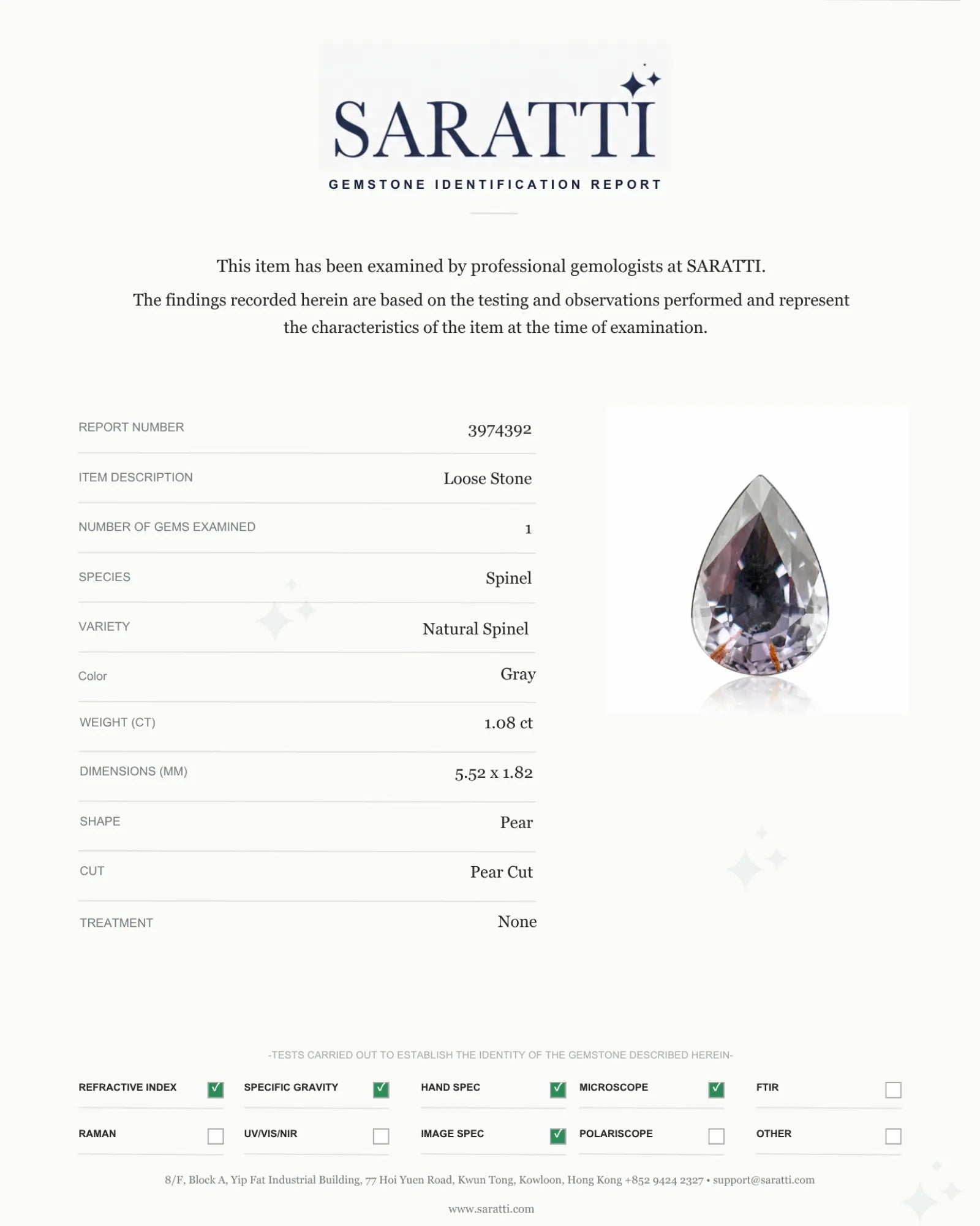 Natural Gray Spinel pear top view with visible facet structure | SARATTI