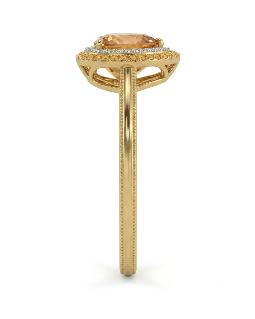 Natural Imperial Topaz heart setting with warm double halo in yellow gold | SARATTI