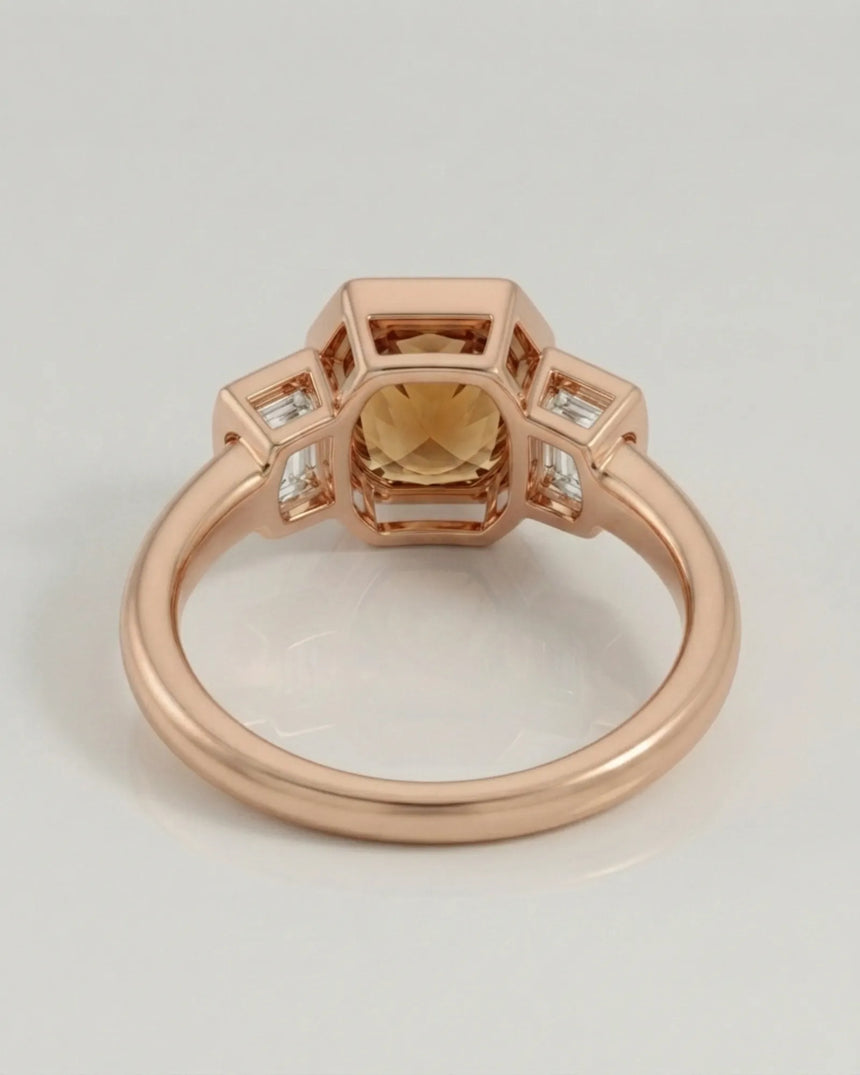 Natural Imperial Topaz oval bezel setting with diamond side stones in 18K rose gold | SARATTI