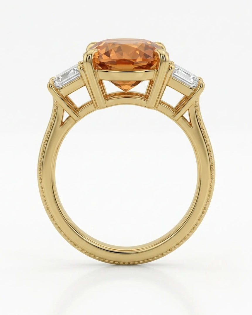 Natural Imperial Topaz oval setting-only ring with diamond side stones in yellow gold | SARATTI