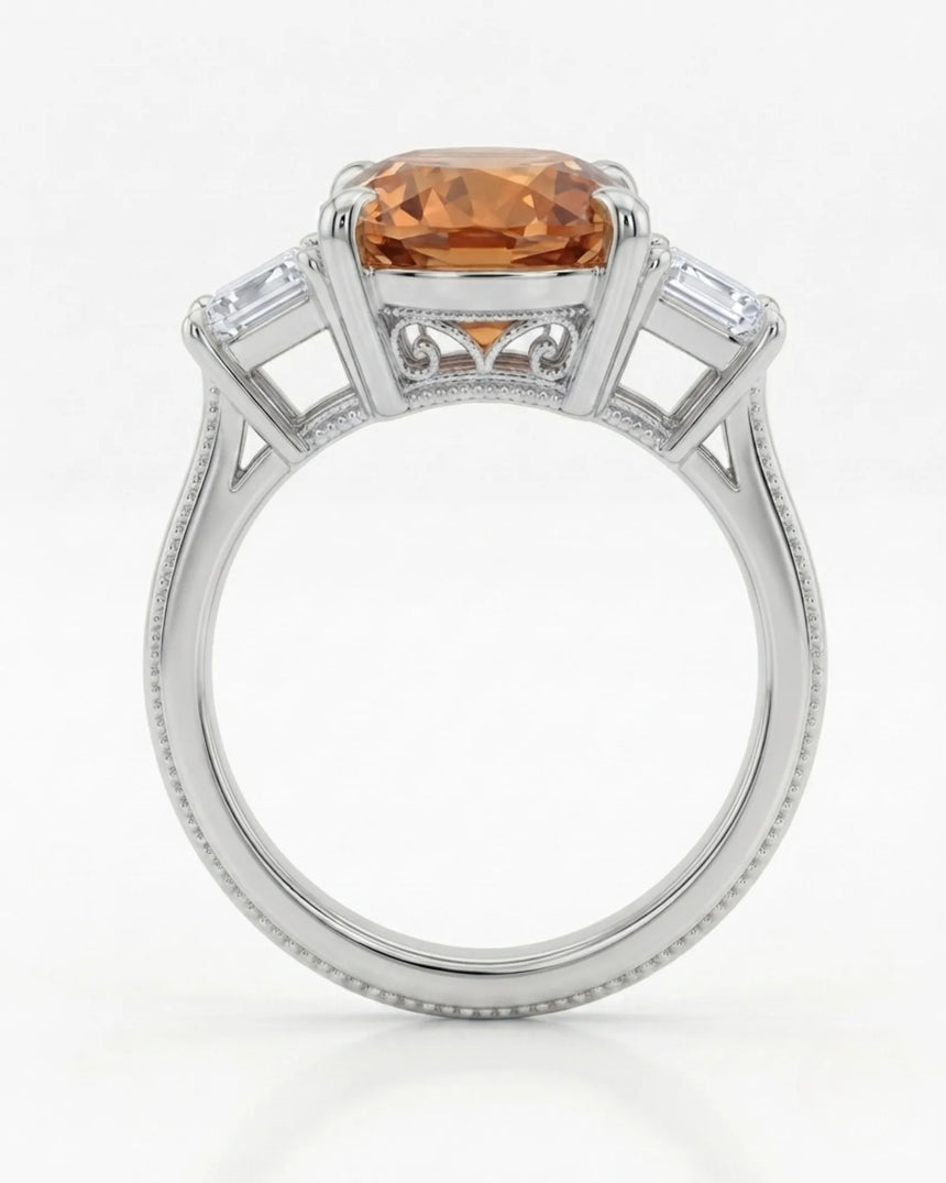 Natural Imperial Topaz oval setting with emerald-cut diamond sides in 18K white gold | SARATTI