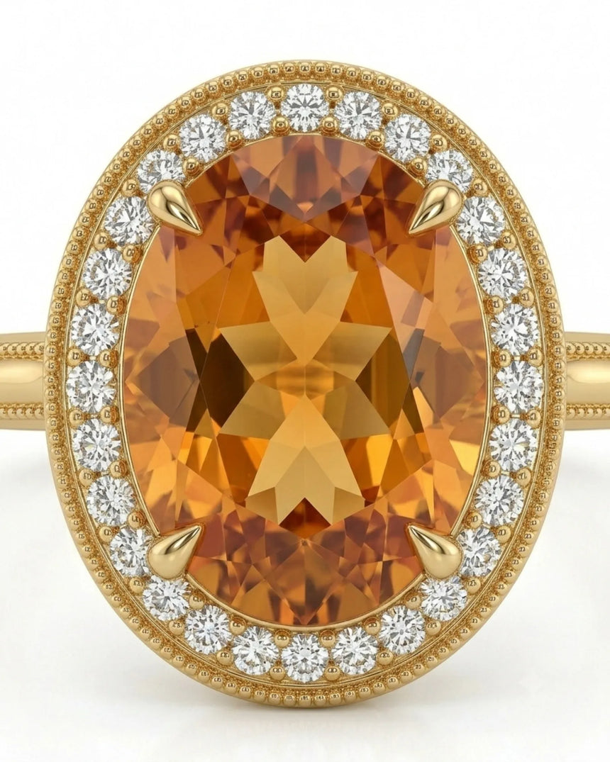 Natural Imperial Topaz oval setting with warm double halo in yellow gold | SARATTI
