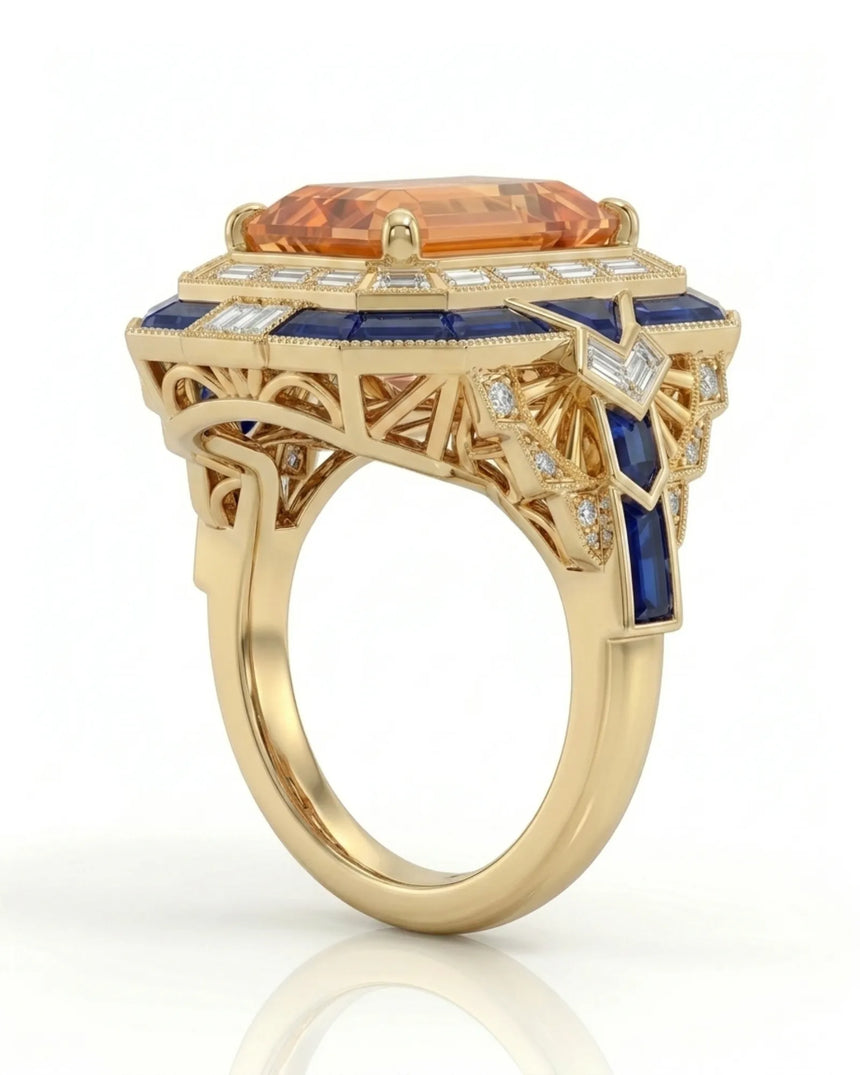 Natural Imperial Topaz setting-only design with baguette diamonds in yellow gold | SARATTI