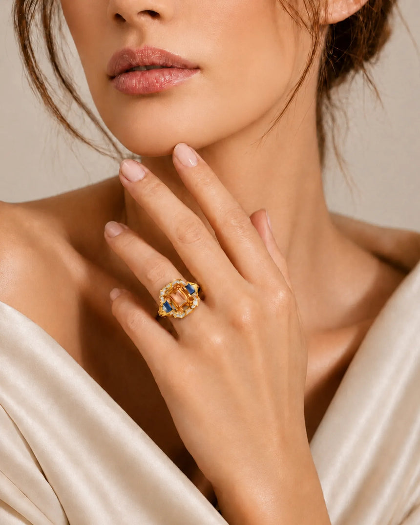 Natural Imperial Topaz setting-only design with diamond halo in yellow gold | SARATTI