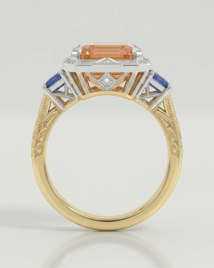 Natural Imperial Topaz setting-only ring with diamond Art Deco halo in two tone | SARATTI