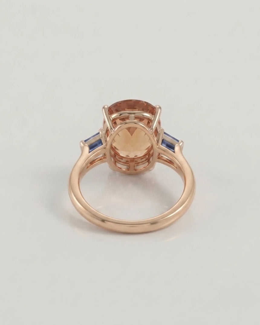 Natural Imperial Topaz three-stone setting with sculpted prongs in 14K rose gold | SARATTI