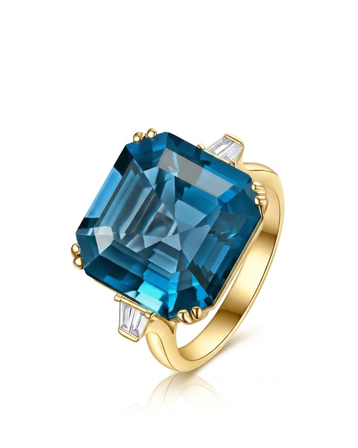 Natural London Blue topaz engagement ring with Asscher cut center and baguette diamonds in 18K yellow gold | SARATTI