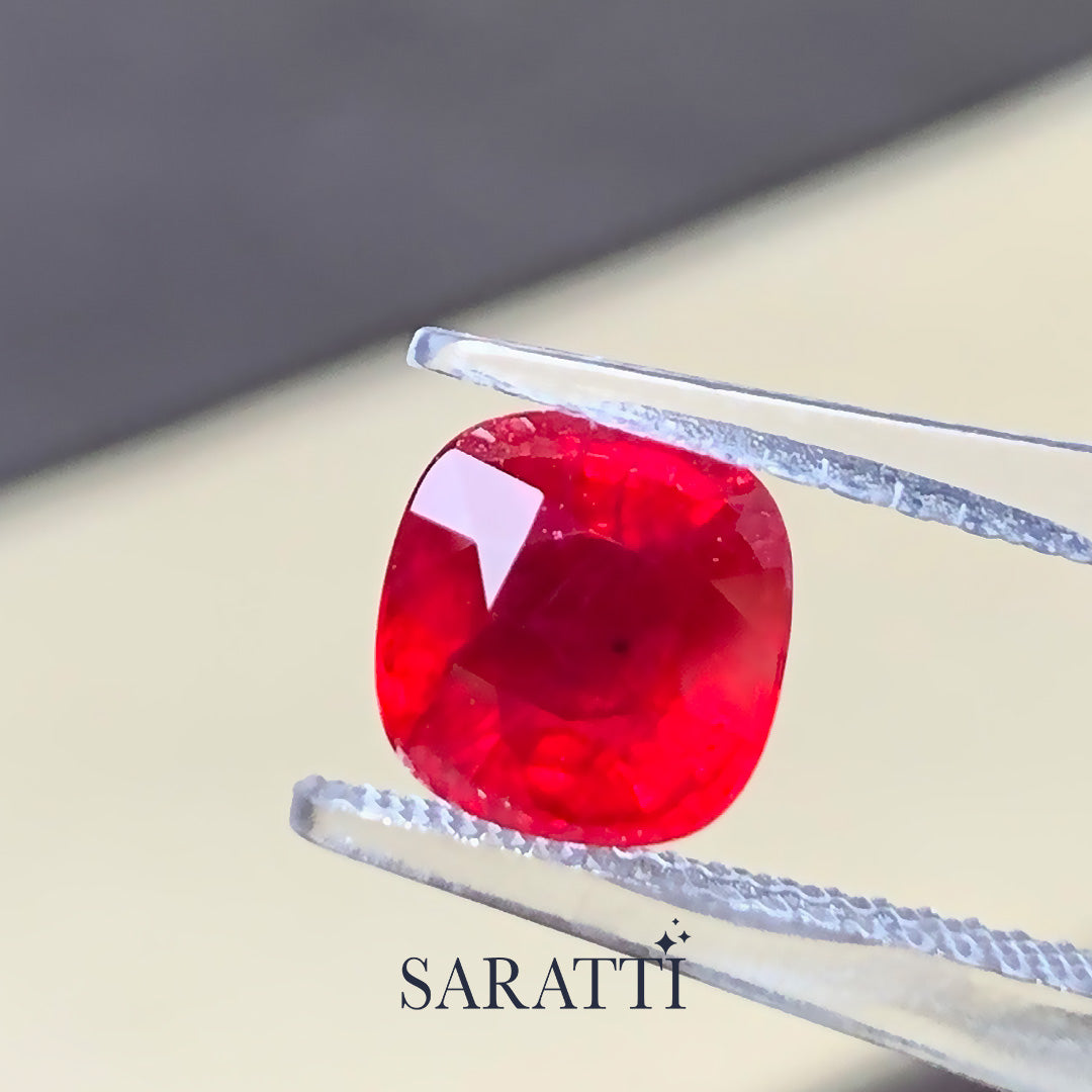 Natural Mozambique ruby cushion vivid red faceted stone | SARATTI
