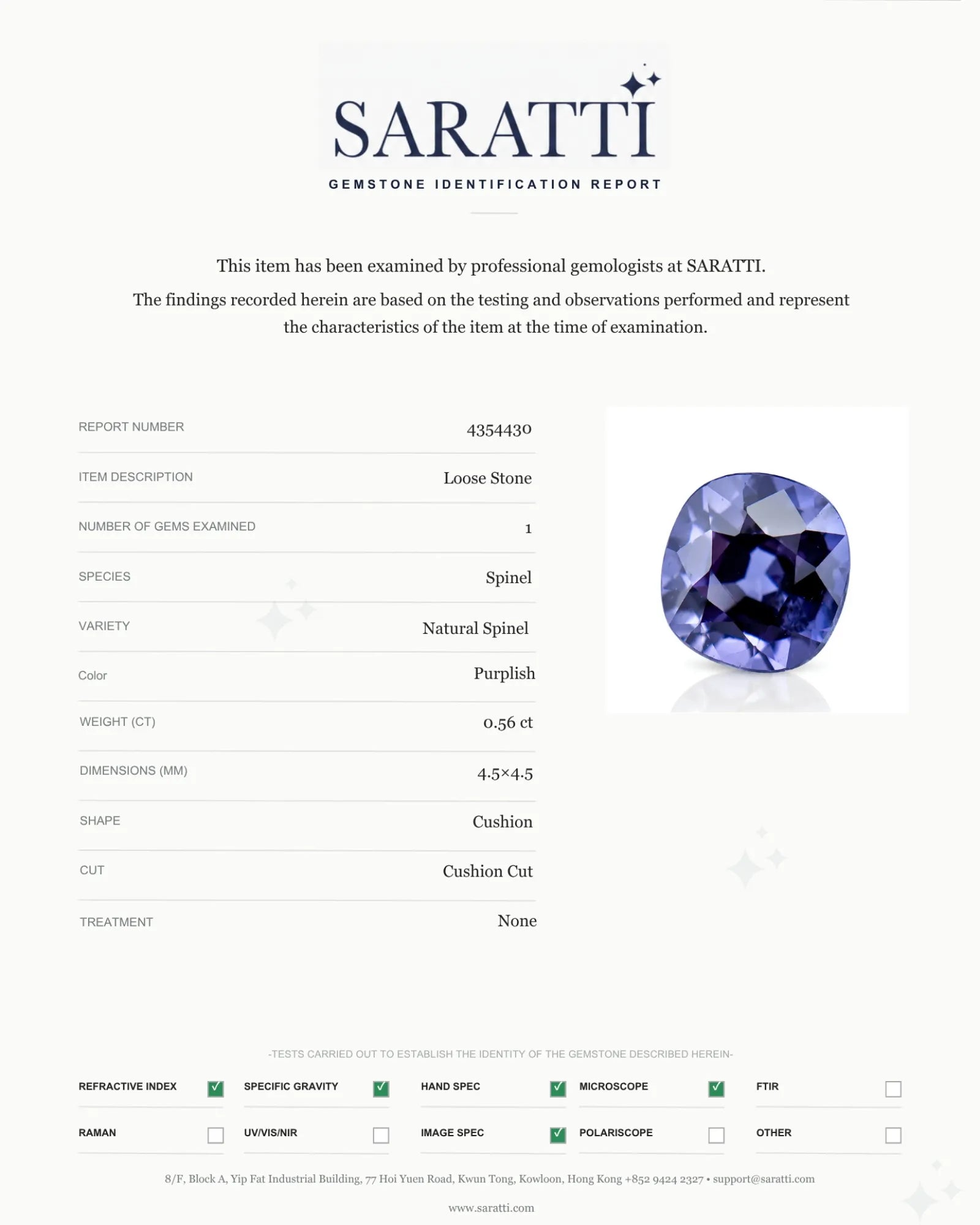 Natural Purplish Spinel cushion-cut loose gemstone close-up - SARATTI