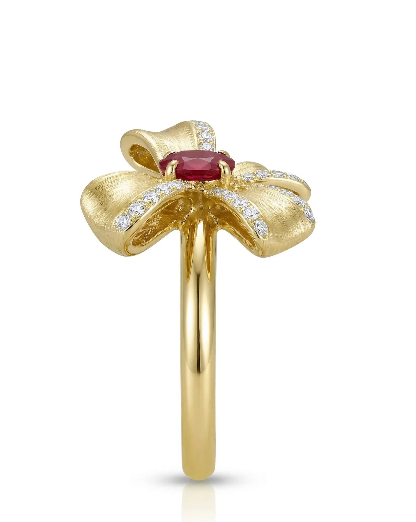 Natural Ruby Engagement Ring SIde View Pigeon Blood Red in 18K Yellow Gold | SARATTI