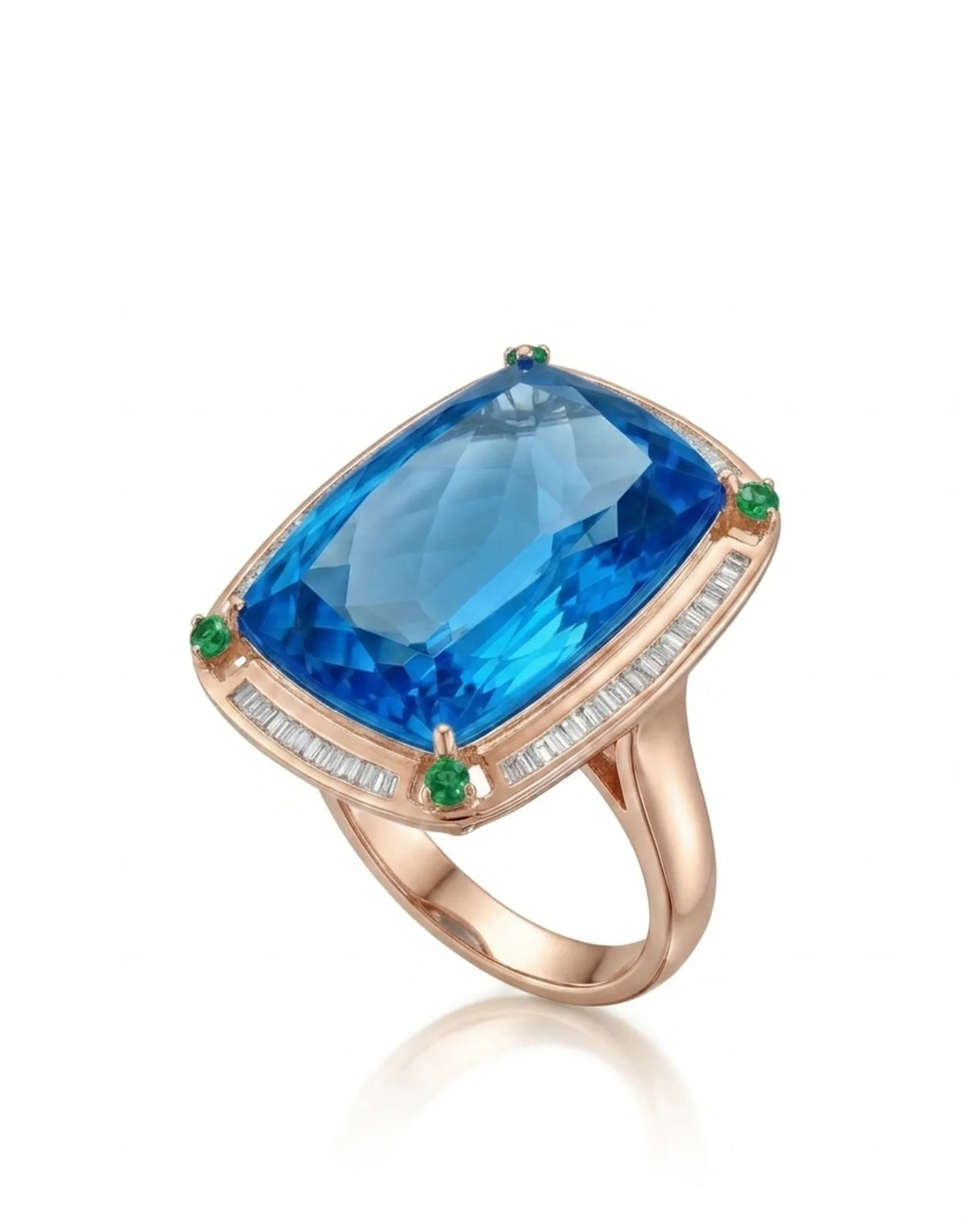 Natural Swiss Blue topaz cocktail ring with baguette diamonds and green corner accents in 18K rose gold - SARATTI