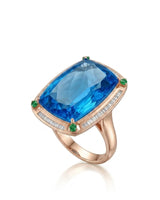 Natural Swiss Blue topaz cocktail ring with baguette diamonds and green corner accents in 18K rose gold - SARATTI