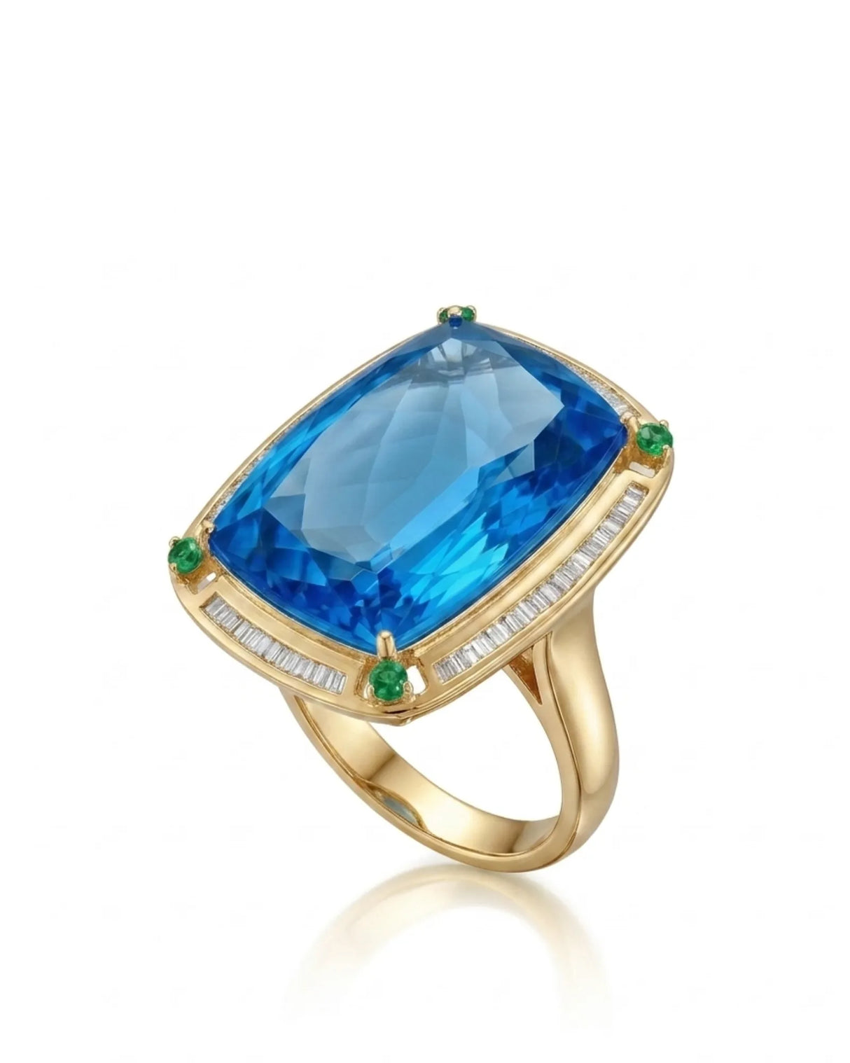 Natural Swiss Blue topaz cocktail ring with baguette diamonds and green corner accents in 18K yellow gold - SARATTI